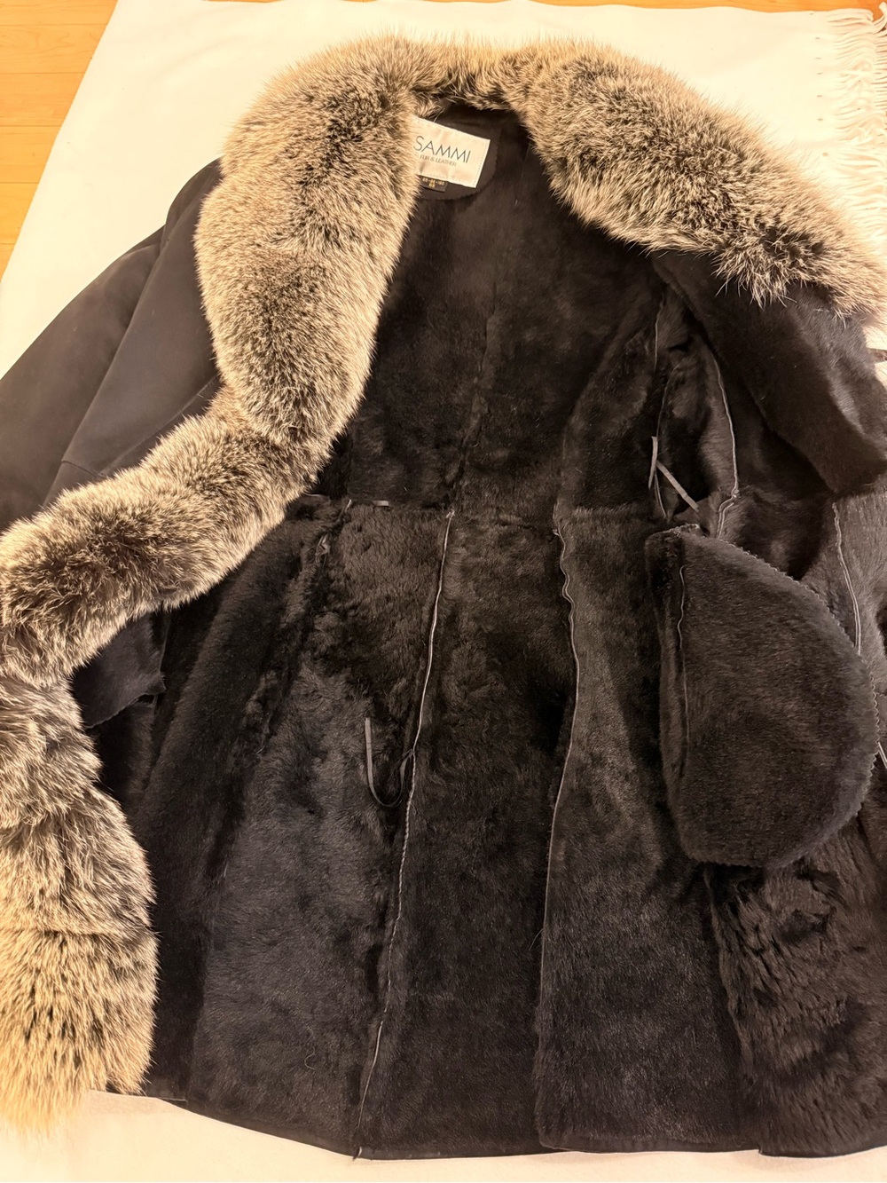 Black Lamb Shearling Coat with Fox Fur Trim - Picture 8 of 10